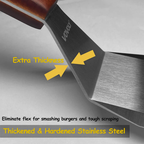 Professional Metal Spatula for Cast Iron Skillets and Flat Top Grills, Full Tang Wooden Handle, 1.8mm Thick Blade