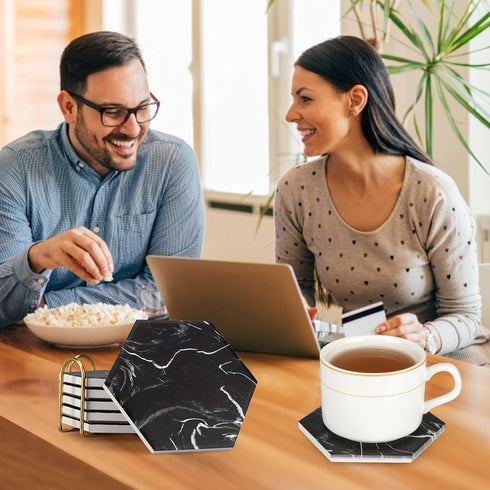 Cool Black Marble Coaster Set with Holder, Hexagon Absorbent Coasters, Modern Ceramic 6 Pack for Beverage Decor