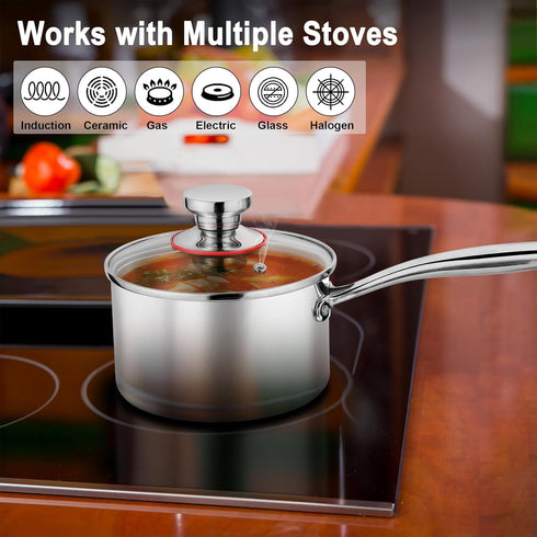 P&P CHEF Small 1 Qt Tri-Ply Stainless Steel Saucepan, Glass Lid, Kitchen Induction Cookware, Dishwasher Safe