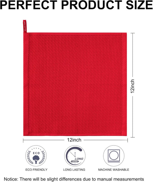 joybest Cotton Kitchen Dish Cloths, 8-Pack Waffle Weave Ultra Soft Absorbent Dish Towels, 12x12 Inches, Red