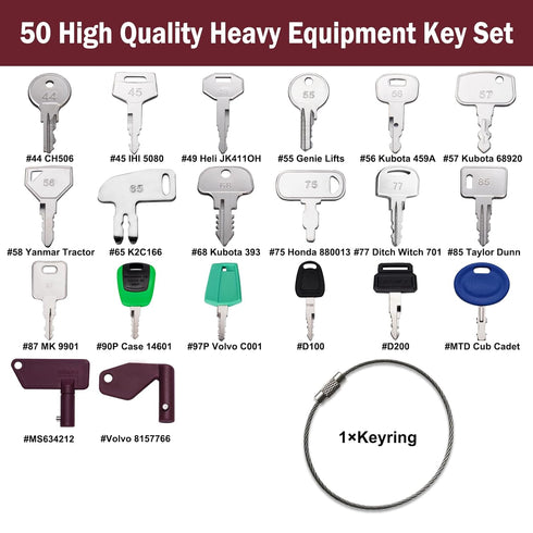 50 Set Bullozers Equipment Keys Master Ignition Keys for Kubota JCB Cat Yanmar Honda Ditch Witch Backhoes Excavators