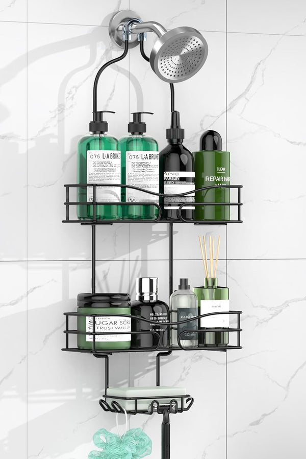 Hanging Bathroom Shower Caddy, 3-Tier Organizer with Soap Holder & 6 Hooks for Towels, Fits 21mm Shower Head Arm
