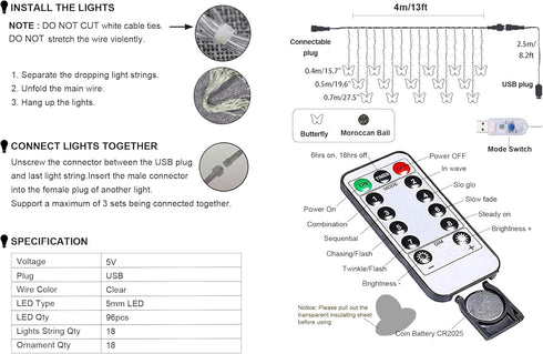 Lainin USB Powered 13FT 96 LED Curtain Lights, 16 Butterflies Twinkle Lights, 8 Modes Fairy Light Strip for Party