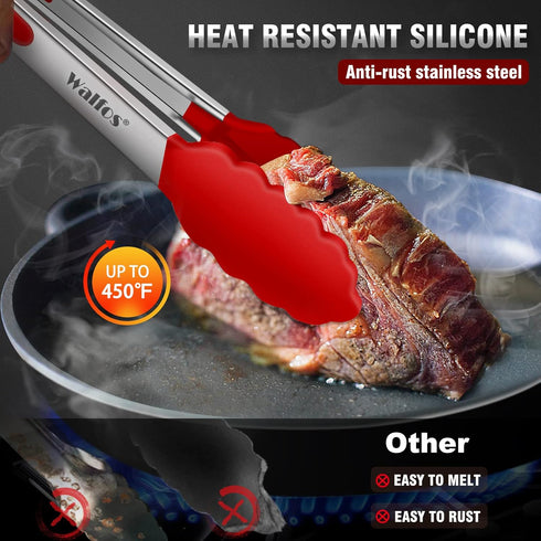 Walfos Silicone Tongs for Cooking, Heat Resistant Kitchen Tongs for Salad, Grilling, Stainless Steel and BPA Free