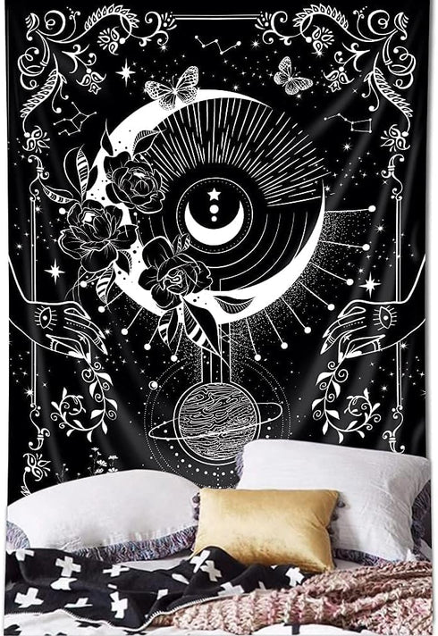 Riyidecor Gothic Vertical Tapestry, Wiccan Witch Wall Hanging Moon Tarot 30Wx50H Inch, Black White Aesthetic Decor