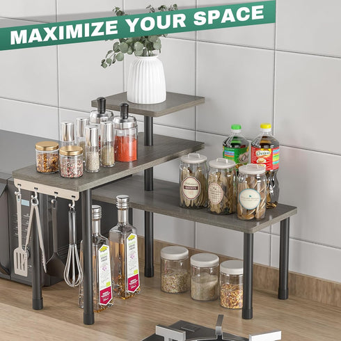 ZHWS Adjustable 3 Tier Kitchen Countertop Organizer, Rustic Grey Bathroom Counter Organizer with 4 Metal Hooks