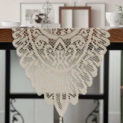 RHVQ 2Pcs Beige(13"x45") Lace Table Runners with Tassels, Farmhouse Boho Doily Vintage Floral Dollies for Tables