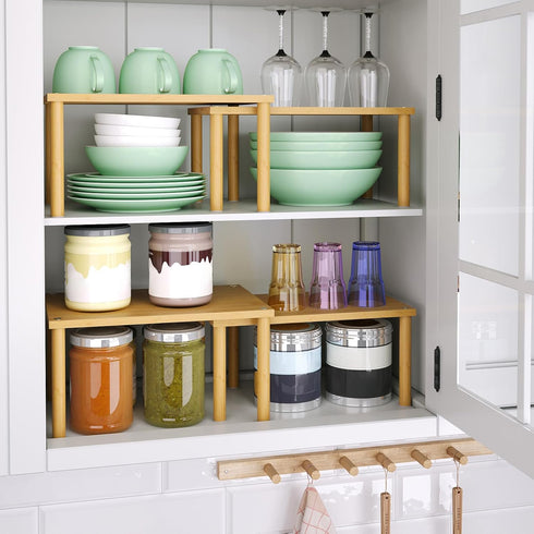 Cabinet Organizer Shelf, Set of 2 Kitchen Counter Shelves, Bamboo Spice Rack, Stackable Expandable Kitchen Storage Shelf