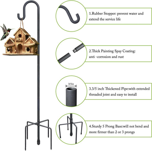 63" 5 Highpro Shepherds Hooks for Outdoor, Heavy Duty Bird Feeder Pole with Base Prongs, Adjustable Garden Hanging
