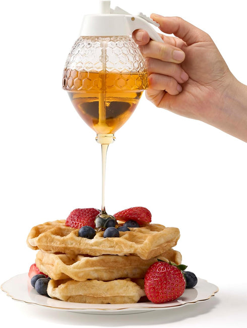 8 oz PAULSWAY Not Chromed Glass Honey Dispenser, Food-Grade ABS White Lid No Drip Glass with Stand Honey Jar Honeycomb