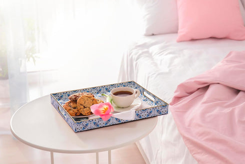 15.7" 11.8" 1.57" Evil Eye Rectangular Serving Tray with Handles Plastic Decorative Trays for Coffee Table for Ottoman