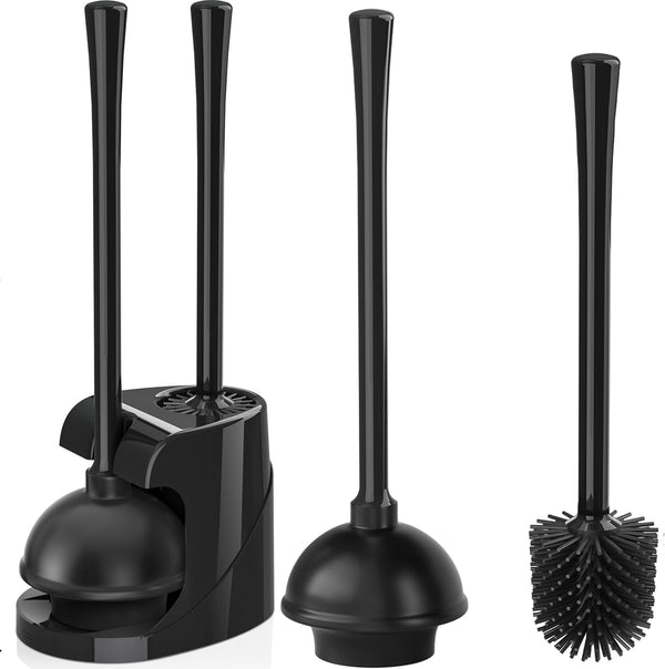 Toilet Plunger and Brush Set, Heavy Duty Silicone Toilet Brush with Ventilated Holder for Bathroom Cleaning