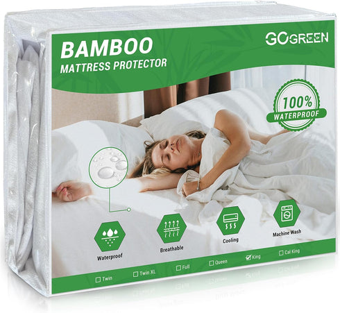 Gogreen Bamboo Rayon Waterproof Mattress Protector - Stretchable Queen Size Cover, Fits up to 16"