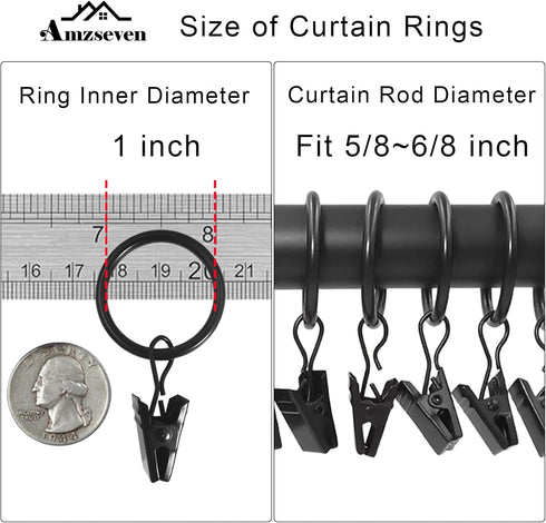 44 Pack Metal Curtain Rings with Clips, Drapery Clips with 1 in I D, Fits 6/8 in Curtain Rod, Black