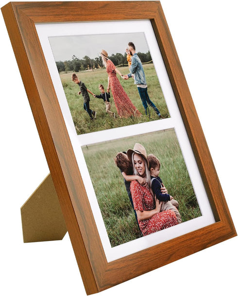 Golden State Art 8.5x11 Brown Wooden Picture Frame - White Mat for 2-5x7 Photos or 8.5x11 Certificate, Real Glass