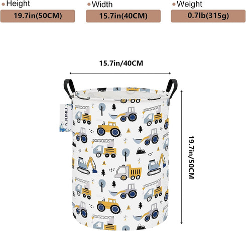 ONOEV Round Construction Truck Collapsible Laundry Hamper for Nursery,Cute Forest Vehicles Excavator Toy Storage Bin