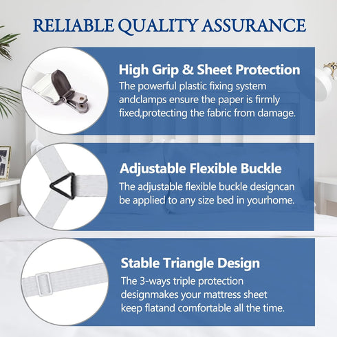 TGOOD Bed Sheet Holder Straps, Adjustable Mattress Cover Clips, Elastic Grippers for Bedding, 4 Fasteners