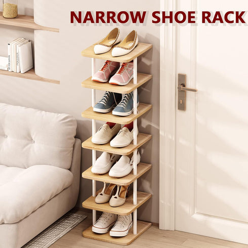 AZERPIAN Shoe Rack (7 Tier) - Vertical Storage Organizer, Narrow Metal Slim Shelf for Closet, Entryway, Bedroom, White