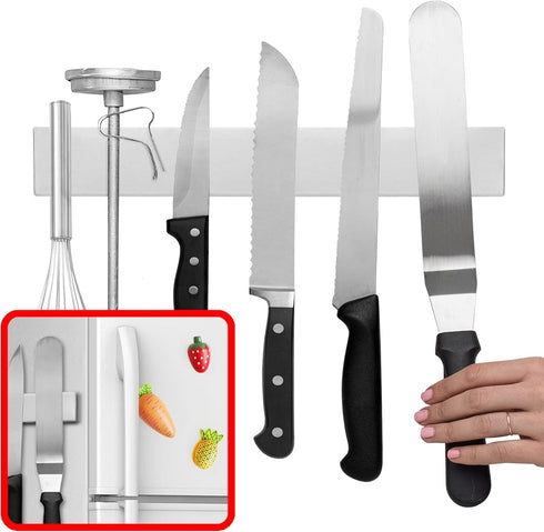 Modern Innovations 12 Inch Magnetic Knife Holder for Refrigerator, Stainless Steel Tool Rack for Knives & Utensils
