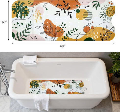 40x16In Bathtub Mat Non Slip Extra Long Boho Bath Mat for Tub Decorative Bath Tub Mat with Drain Holes Suction Cups