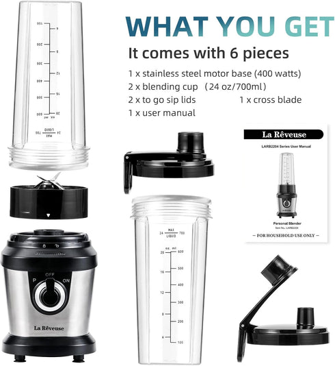 La Reveuse Electric Blender for Shakes and Smoothies, 400W with 2 x 24 Oz Blending Cups and To Go Lids, BPA-free