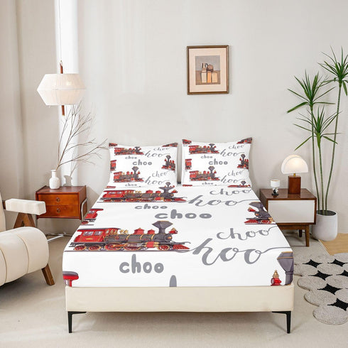 Set Set Cartoon Car Bed Sheet Kids Train Fitted Sheet Boys Girls Choo-Choo Rail Roads Tracks Decor Bedding Microfiber