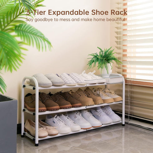 3-Tier Closet Gonfoam Expandable Shoe Rack,Adjustable Shoe Shelf Storage Organizer Heavy Duty Metal Free Standing Shoe