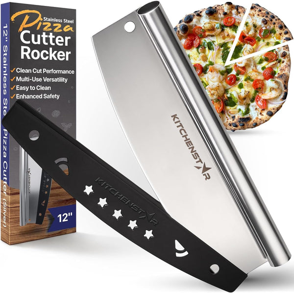 KitchenStar 12-Inch Pizza Cutter Rocker Blade - Sharp Stainless Steel Slicer Knife, Protective Cover, Dishwasher Safe,