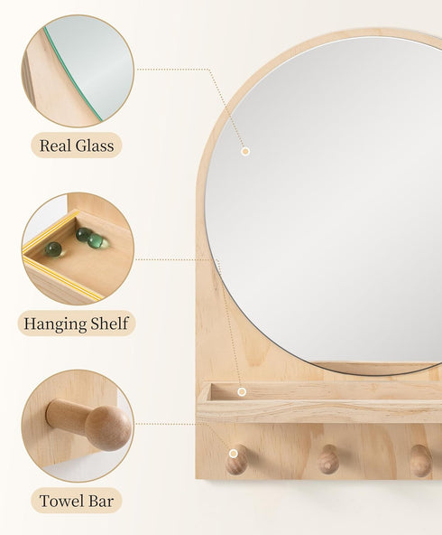 14x18 Inch Maxpeuvon Nursery Mirror, Boho Circle Mirror Wall Mount Natural Wood Shelf Hanging Arch Modern Wall Decor