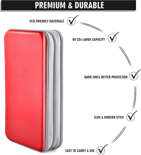 CD Case Wallet, 80 Capacity DVD VCD Media Blu-ray Holder, Storage Organizer, Red
