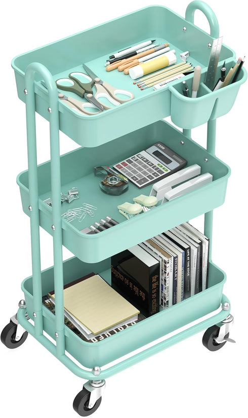 3-Tier Simple Houseware Multifunctional Rolling Utility Cart with Hanging Bucket, Turquoise