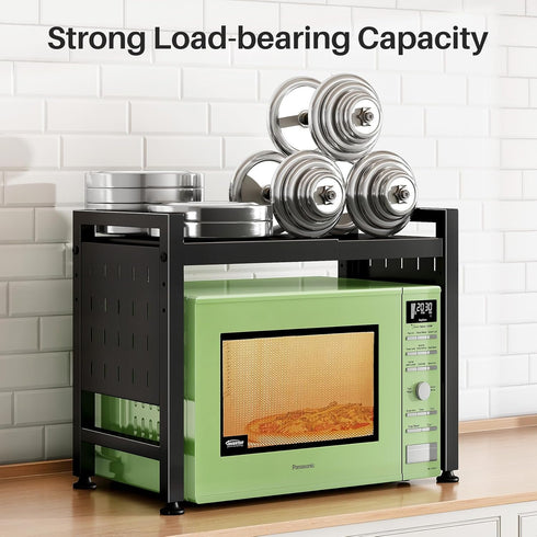 Expandable Microwave Stand Countertop, 2-Tier Adjustable Rack with 8 Hooks & 2 Holders, Heavy Duty Carbon Steel Shelf