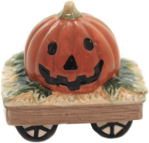 Fine Ceramic Cute Halloween Casper Costume Salt & Pepper Shakers Set with Pumpkin Wagon, 3-1/4" H