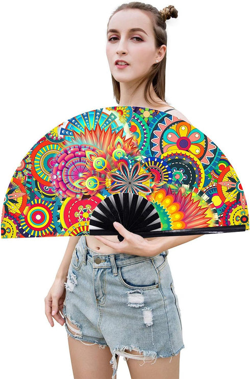 Amajiji Large Folding Hand Rave Fan, Popping Fan for Line Dancing, Party, Decoration, Festival (Dream Flower)