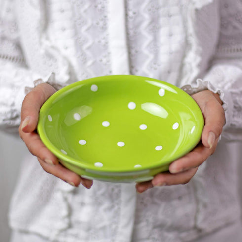 City to Cottage Handmade Pottery Bowl, Lime Green and White Polka Dot Glazed, 7.3inch/18.5cm, 14oz/400ml