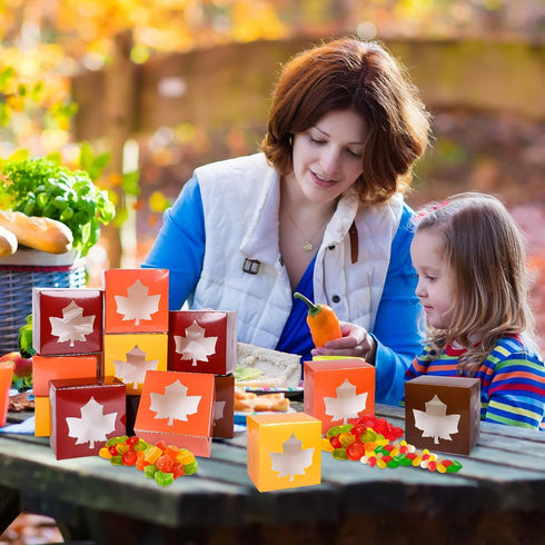 AnyDesign 24Pcs Fall Treat Boxes, 4 Colors Cardboard Box with Maple Leaf Shape Window for Cookie Party Favors