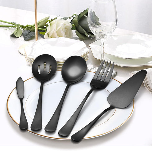 LIANYU 5-Piece Matte Black Serving Utensils Set, Stainless Steel Serving Set with Spoon, Fork, Flatware for Buffet