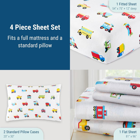 Set 100% Cozy Wildkin Flannel Full Sheet Cotton, Soft & Bed Sheets - Trains, Planes, and Trucks