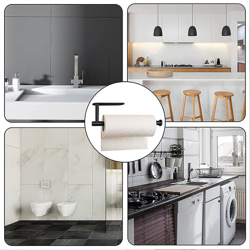 Paper Towel Holder, Under Cabinet Self Adhesive Kitchen Countertop Wall Mount Holder with Screws, Black