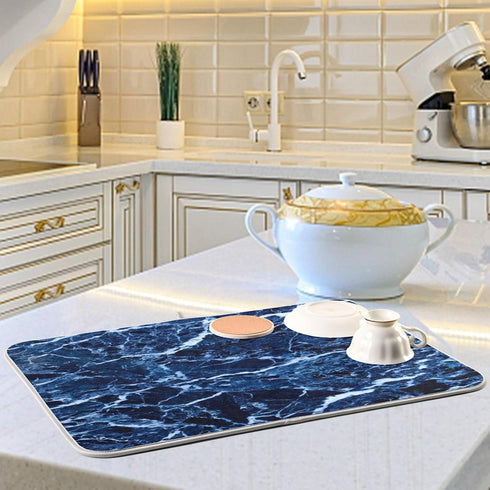 Super Absorbent Dish Drying Mat, Microfiber Fast-Drying Dish Mat, 16" x 18", Kitchen Dish Drying Pad, Navy Blue Marble