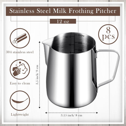 Dandat 8 Pcs Milk Frothing Pitcher Set - 12 Oz Stainless Steel Frother Cup for Espresso and Latte Art