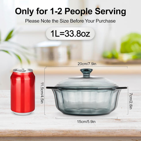 Mini Glass Casserole Dish with Lid,Oven Safe, Microwave Safe, Fridge Safe, Round Casserole Dish With Lid, Casserole Cookware with Handles, Small Casserole Dish, (33.08oz/1L) by TIPTAP
