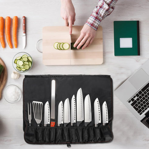 Tosnail Black Chef Knife Case Roll Bag with 21 Slots & 1 Large Zipper Pocket, Easy Carry Handle and Shoulder Strap