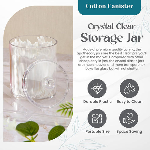 Qtip Holder Pack of 4 - Clear Plastic Vanity Makeup Organizer Storage for Cotton Swabs, Balls, Sponges, Canister
