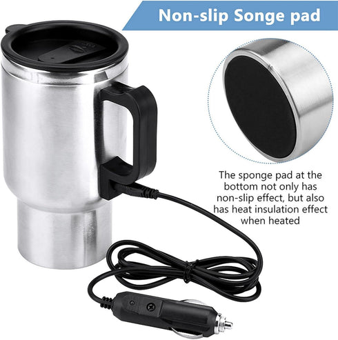 12V 450ml Stainless Steel Car Heating Cup, Electric Travel Mug for Heating Water, Coffee, Milk, Tea