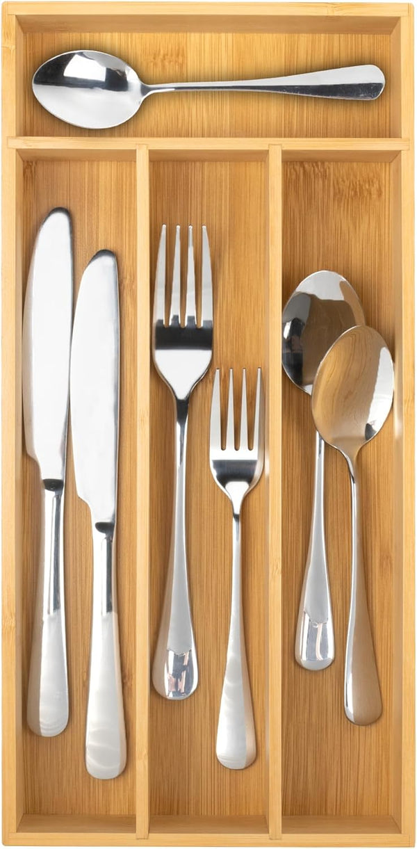 Bamboo Silverware Organizer, Kitchen Drawer Utensil Holder, Natural 4 Slots Flatware Organizer Tray