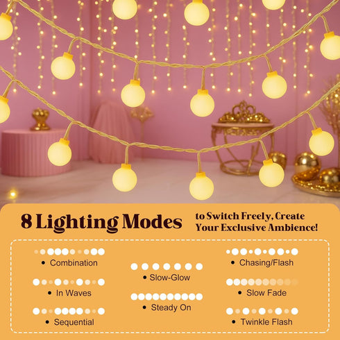 PJT 200 66FT 8 Cozy String Lights for Bedroom, LED Globe Plug in Fairy Lights, Connectable Warm White Twinkle Lights