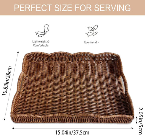 kumet Serving Tray with Scalloped Edge, Rectangular Wicker Tray with Handles, Ideal for Breakfast or Meals in Bed