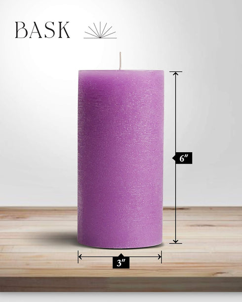 Bask Mottled Pillar Candles - Set of 6, 3" x 6" Dripless Unscented Purple Candles for Home Decor & Relaxation