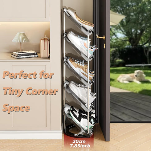 5 Patinao Sloping Narrow Shoe Rack Tiers - Free Standing Vertical Shoes Racks for Small Spaces and Corner, Shoe Storage